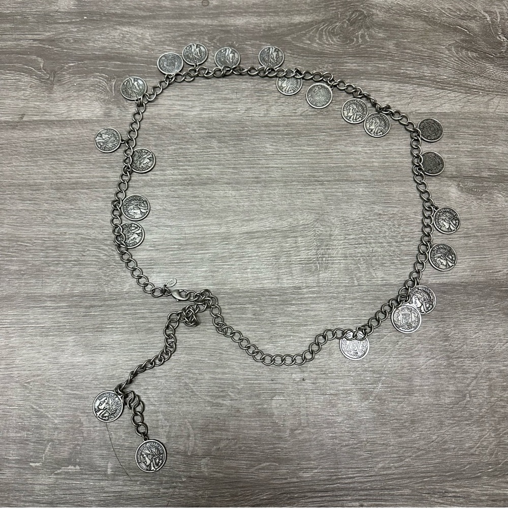 REPUBLIQUE FRANCAISE vintage COIN CHAIN BELT antique Silver Tone 43''